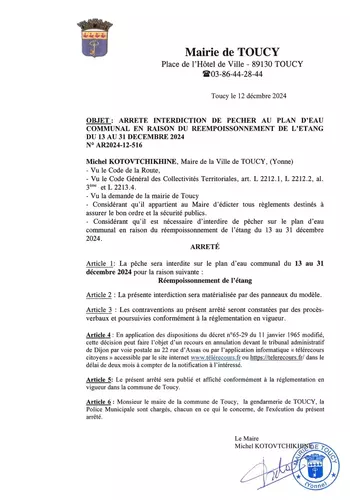 Pêche interdite à l'étang de Toucy,  du 13 au 31 décembre 2024,  en raison du rempoissonnement.